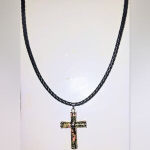 Elegant Natural Unakite Stone Silver Cross Pendant Leather Cord Necklace